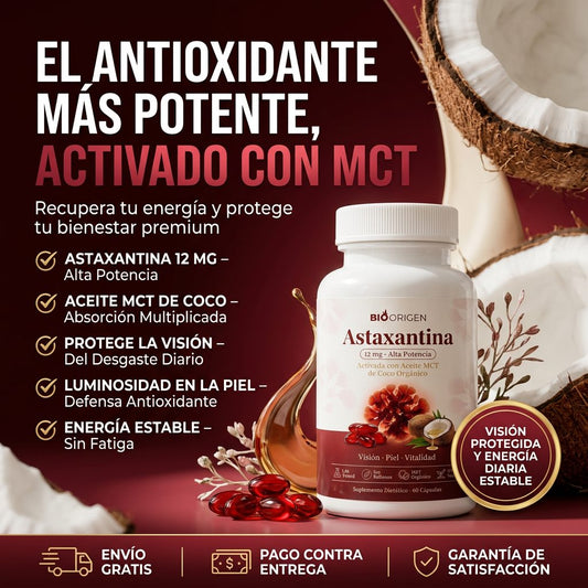 BioOrigen Astaxantina 12 mg — el antioxidante más potente activado con MCT