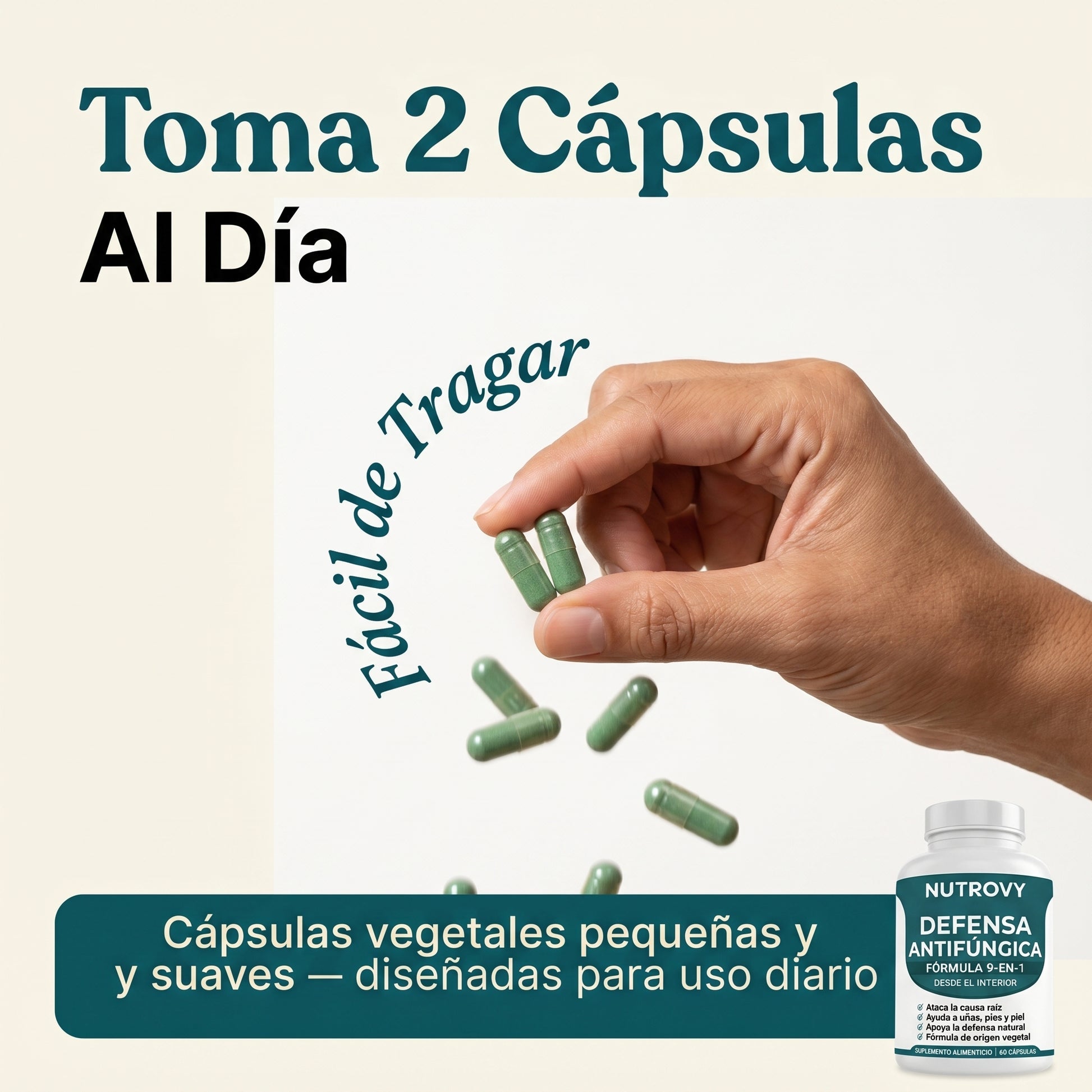 Fungus Eliminator — Toma 2 cápsulas al día · Fácil de tragar