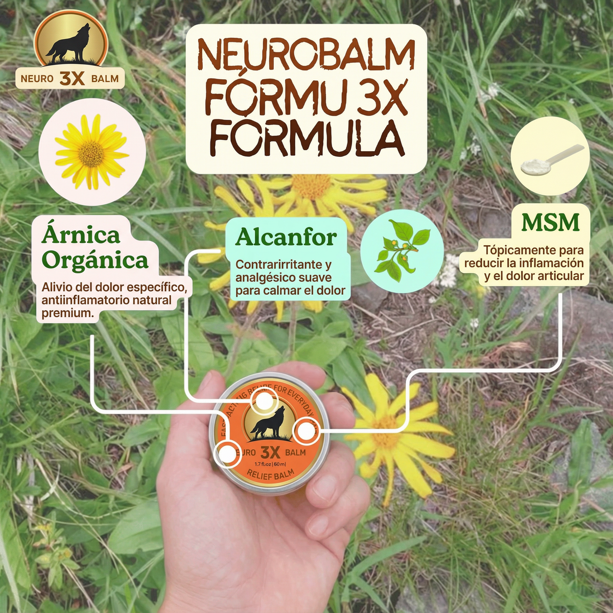 NeuroBalm 3X — Fórmula 3X: Árnica Orgánica + Alcanfor + MSM